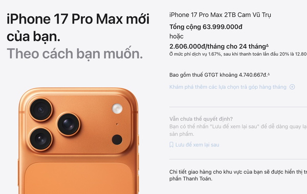 iPhone 17 Pro Max cao cấp nhất giá tới 64 triệu đồng, mở bán cùng Mỹ
