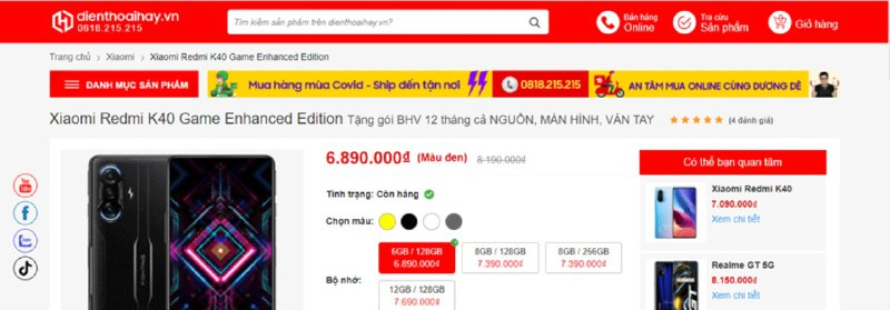 Giá bán sản phẩm Xiaomi Redmi K40 Gaming tại Website của Dienthoaihay.vn 